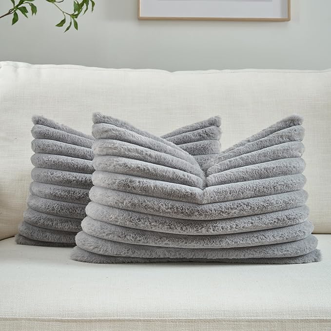 FUTEI Grey Throw Pillow Covers Set of 2, 12x20 Inch Striped Texture Lumbar by FUTEI