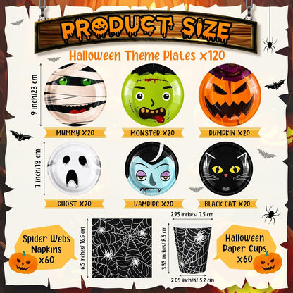 Jingmore 240 Pcs Halloween Party Supplies Dessert Plates Cups, Napkins