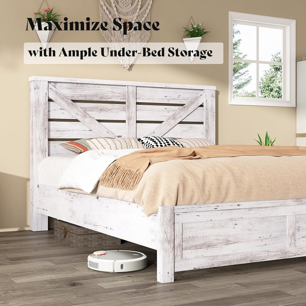 AMERLIFE Farmhouse Queen Size Bed Frame with 49.2" Barn Door Headboard