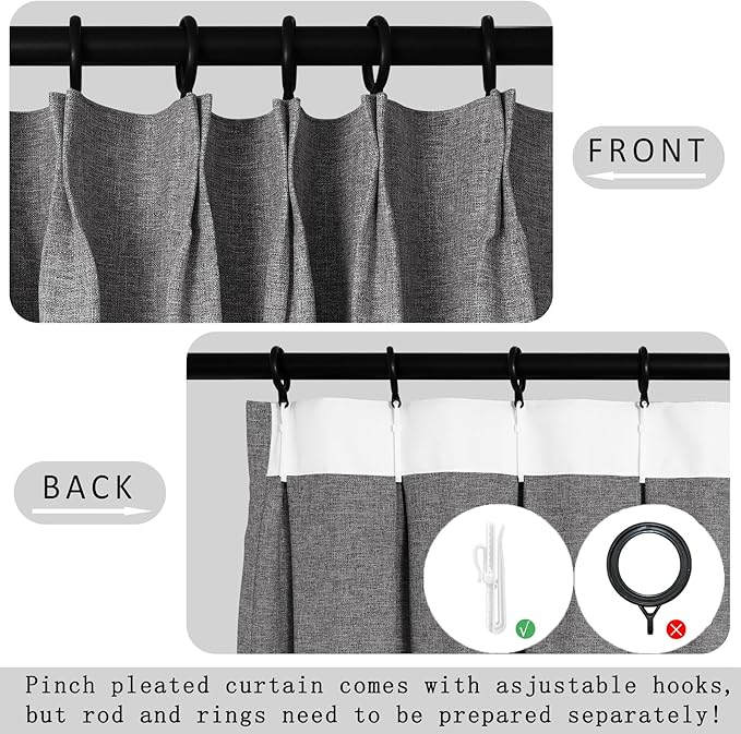 Macochico Pinch Pleated Blackout Linen Curtains 96 Inches Long 100% Light - Image 4