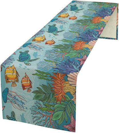 Coastal Table Runner, Ocean Nautical Coral Starfish Seashell Sea Turtle Table by Unknown