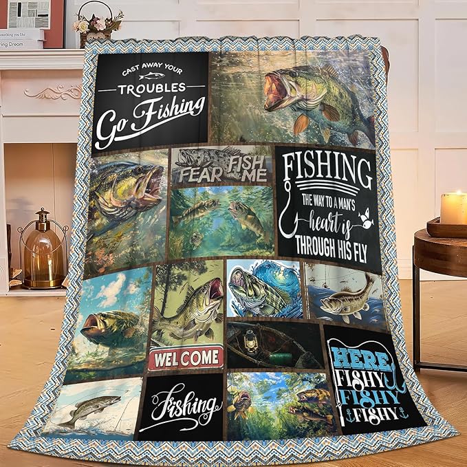 Fishing Blanket Hunting Fish Throw Blanket Flannel Stuff Merch Cozy Decor by Unknown