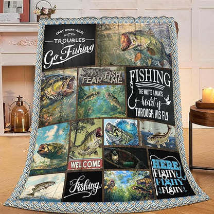 Fishing Blanket Hunting Fish Throw Blanket Flannel Stuff Merch Cozy Decor by Unknown