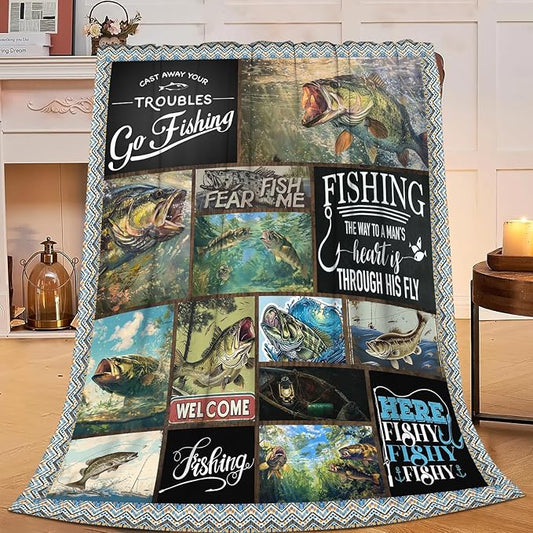 Fishing Blanket Hunting Fish Throw Blanket Flannel Stuff Merch Cozy Decor by Unknown