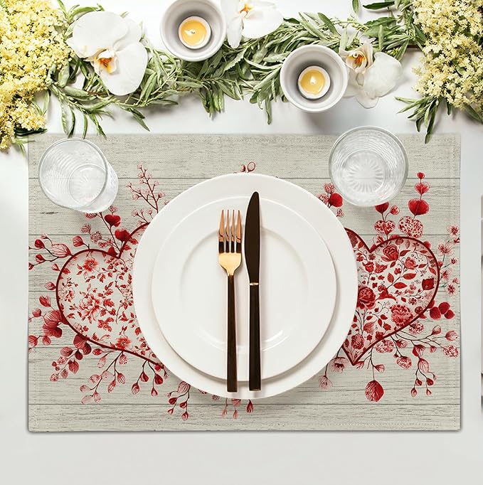 Valentine Wooden Heart Placemats Set of 4, 12x18 Inch Valentines Chinoiserie - Image 3