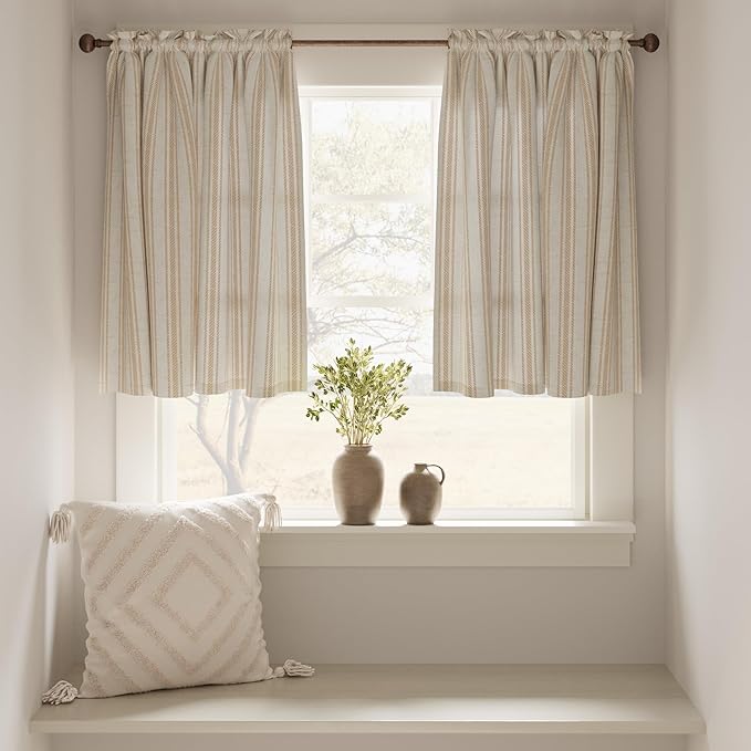 jinchan Linen Kitchen Curtains Striped Tier Curtains 36 Inch Farmhouse Small - Image 3