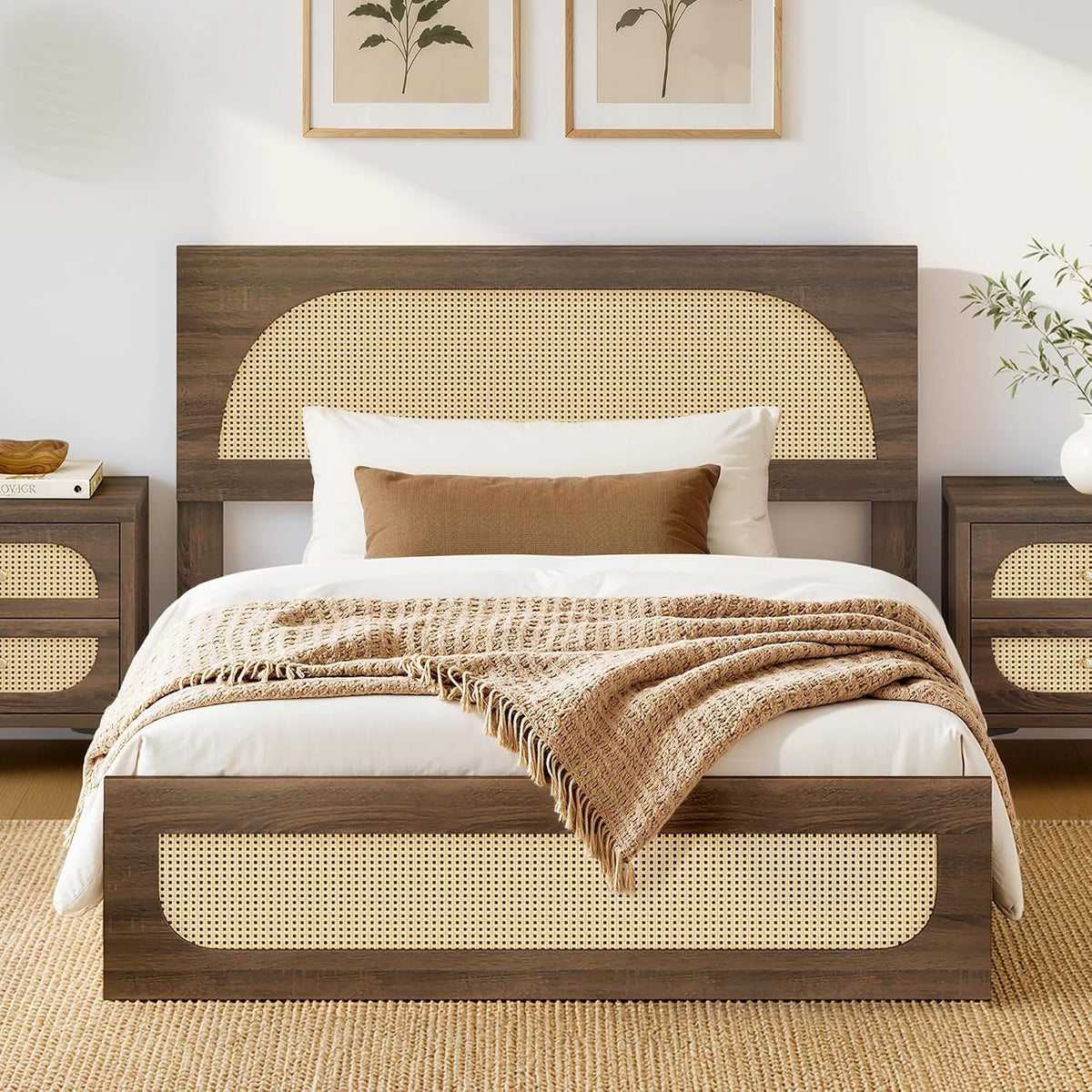 kislot boho rattan bed frame, farmhouse platform, walnut, main product view