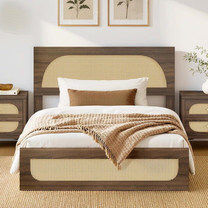 kislot boho rattan bed frame, farmhouse platform, walnut, main product view