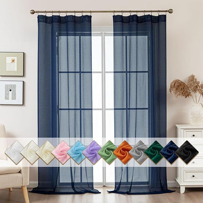 Navy Blue Sheer Curtains 96 Inches Long, Privacy Semi Sheer Curtains by ABLUEN