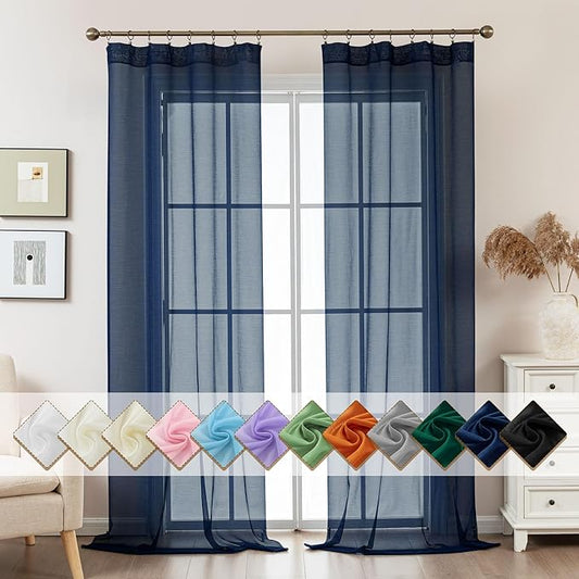 Navy Blue Sheer Curtains 96 Inches Long, Privacy Semi Sheer Curtains by ABLUEN