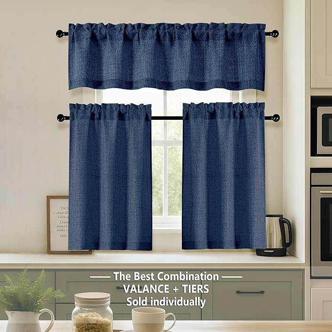 OVZME Navy Blue Kitchen Curtains 24 Inch Length, Light Filtering Faux Linen - Image 2