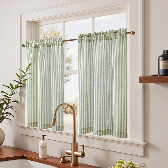 jinchan Linen Kitchen Curtains 36 Inch Length Striped Tier Curtains Ticking - Image 2
