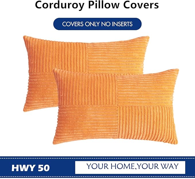 HWY 50 Orange Corduroy Patchwork Throw Pillow Covers 12x20 Inch Rectangle - Image 7