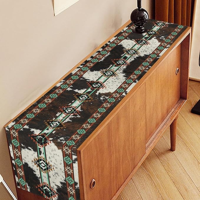 Western Table Runner, Rustic Brown Cow Print Skin Cowhide Aztec Southwest - Image 3