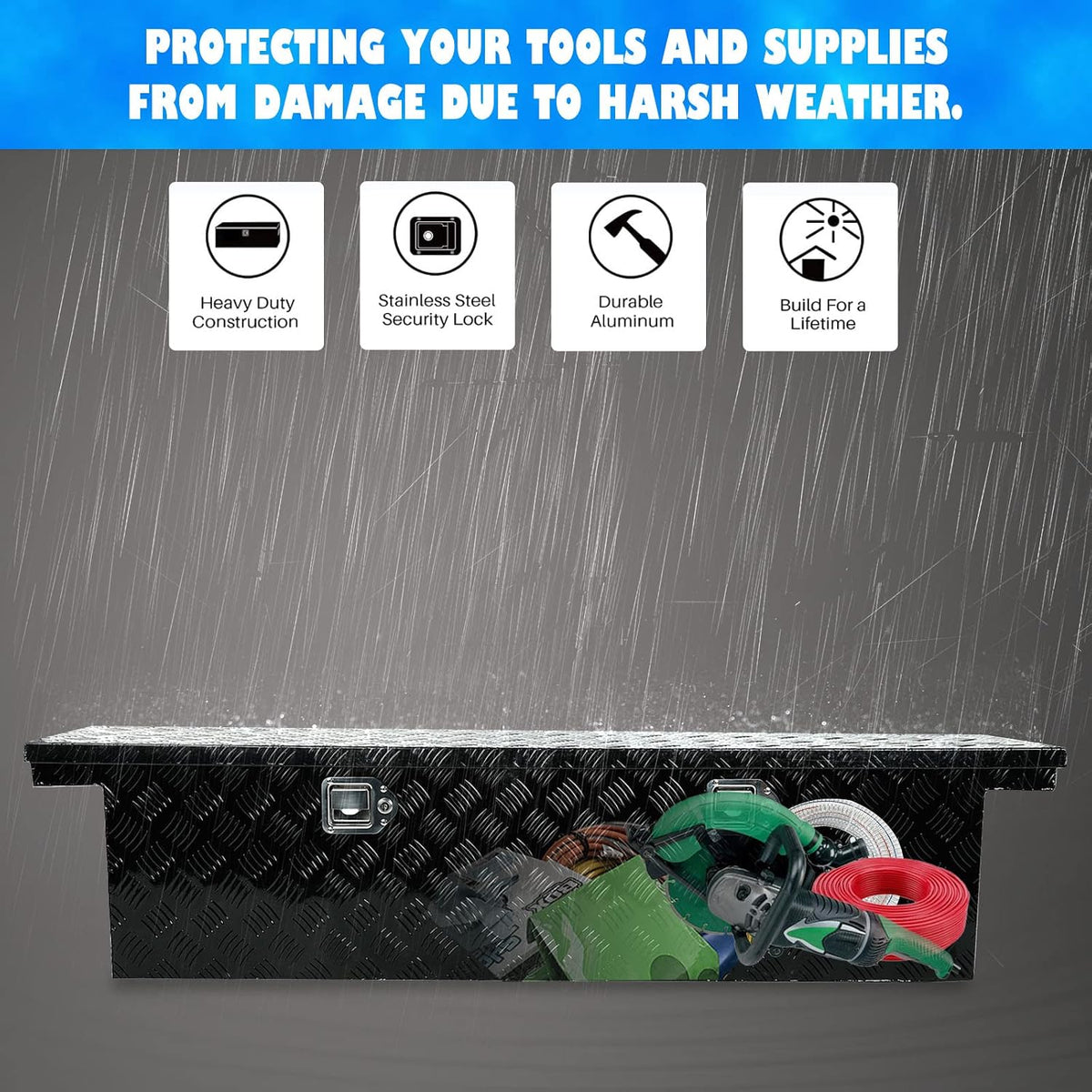 60"x12"x14" aluminum truck tool box with lock & showing dimensions