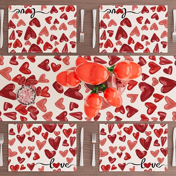 XCHI Watercolor Red Love Hearts Valentine’s Day Placemats Set of 6 Table Mats - Image 2