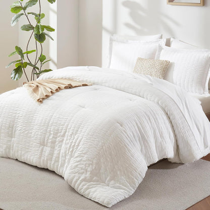 cozylux queen comforter set, 7 pieces white seersucker, main product view