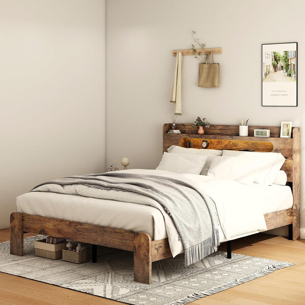 Wooden Queen Size Bed Frame with Storage Headboard, Rustic Farmhouse Platform...