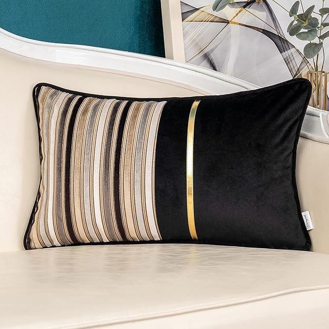 Yangest Black Striped Patchwork Throw Pillow Cover Gold Leather Cushion Cover by Yangest