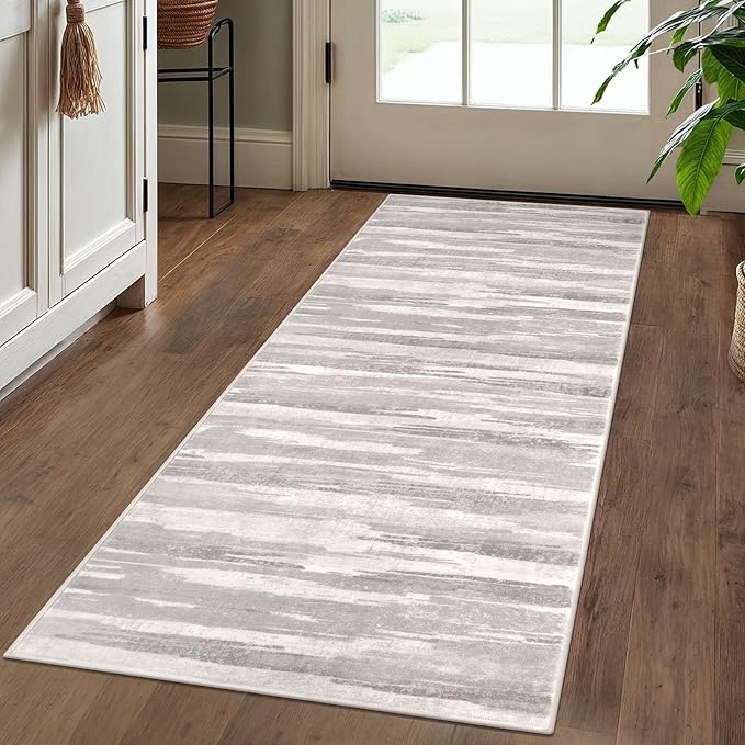 Modern Abstract Runner Rug 2x5, Neutral Light Beige and Grey Washable Entryway - Image 2