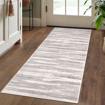 Modern Abstract Runner Rug 2x5, Neutral Light Beige and Grey Washable Entryway - Image 2