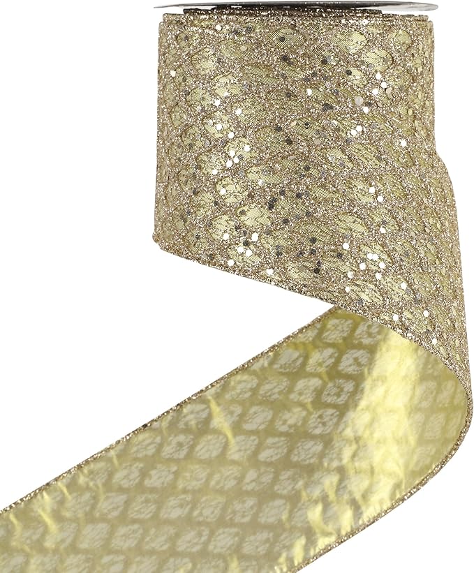 HUIHUANG Champagne Gold Christmas Ribbon 4 inch Glitter Wired Ribbon Diamond by HUIHUANG