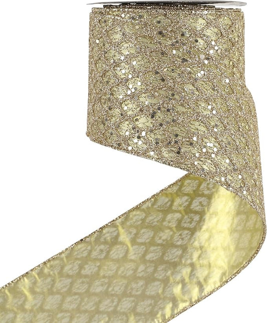 HUIHUANG Champagne Gold Christmas Ribbon 4 inch Glitter Wired Ribbon Diamond by HUIHUANG