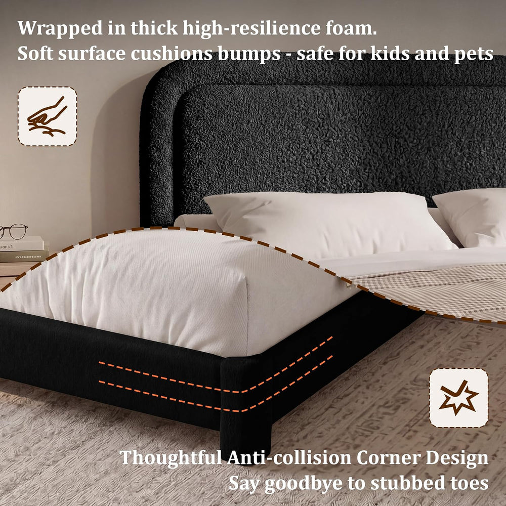 Vipbear Boucle King Size Bed Frame with Adjustable Headboard, Upholstered Clo...