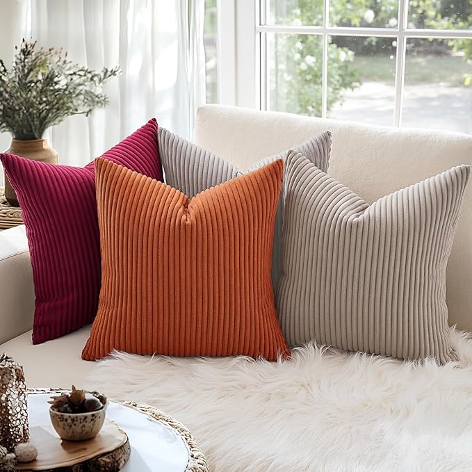 MIULEE Pack of 2 Rust Pillow Covers 16x16 Inch Soft Boho Striped Corduroy Throw - Image 3
