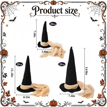 6 Pcs 3 Size Halloween Witch Hat Table Centerpieces with Gauze Ribbon