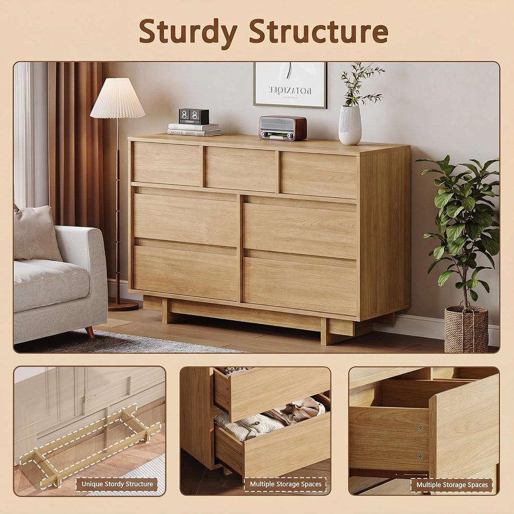 51in Oak 7 Drawer Dresser & 2 Nightstand Set, 3 Pcs Bedroom Furniture