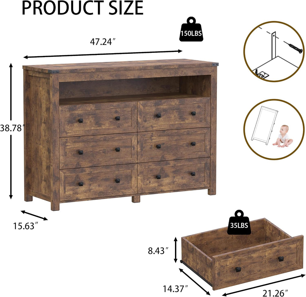 Xixini Dresser for Bedroom with 6 Drawers, LED Lights, Power Outlet, Brown
