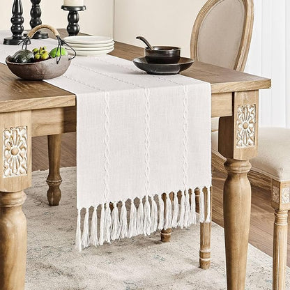 ZeeMart Farmhouse Braided Striped Table Runner, Rustic Ivory Table Runners 90 - Image 2