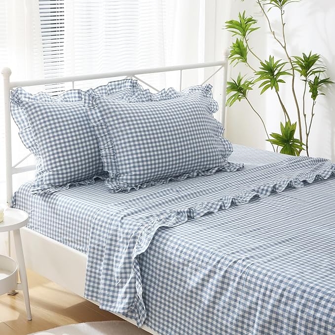 2 Pack Dust Blue White Plaid Gingham Ruffle Pillow Shams Standard Size - Image 2