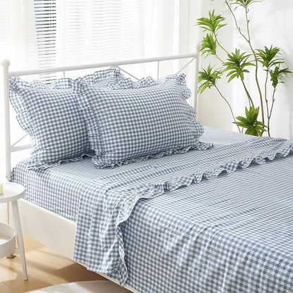 2 Pack Dust Blue White Plaid Gingham Ruffle Pillow Shams Standard Size - Image 2