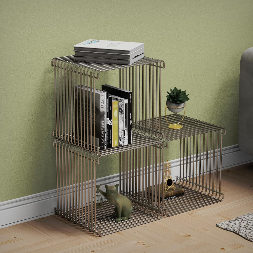 Square Geometry Retro Side Table Prime-Stainless Steel Linear Metal End Table...