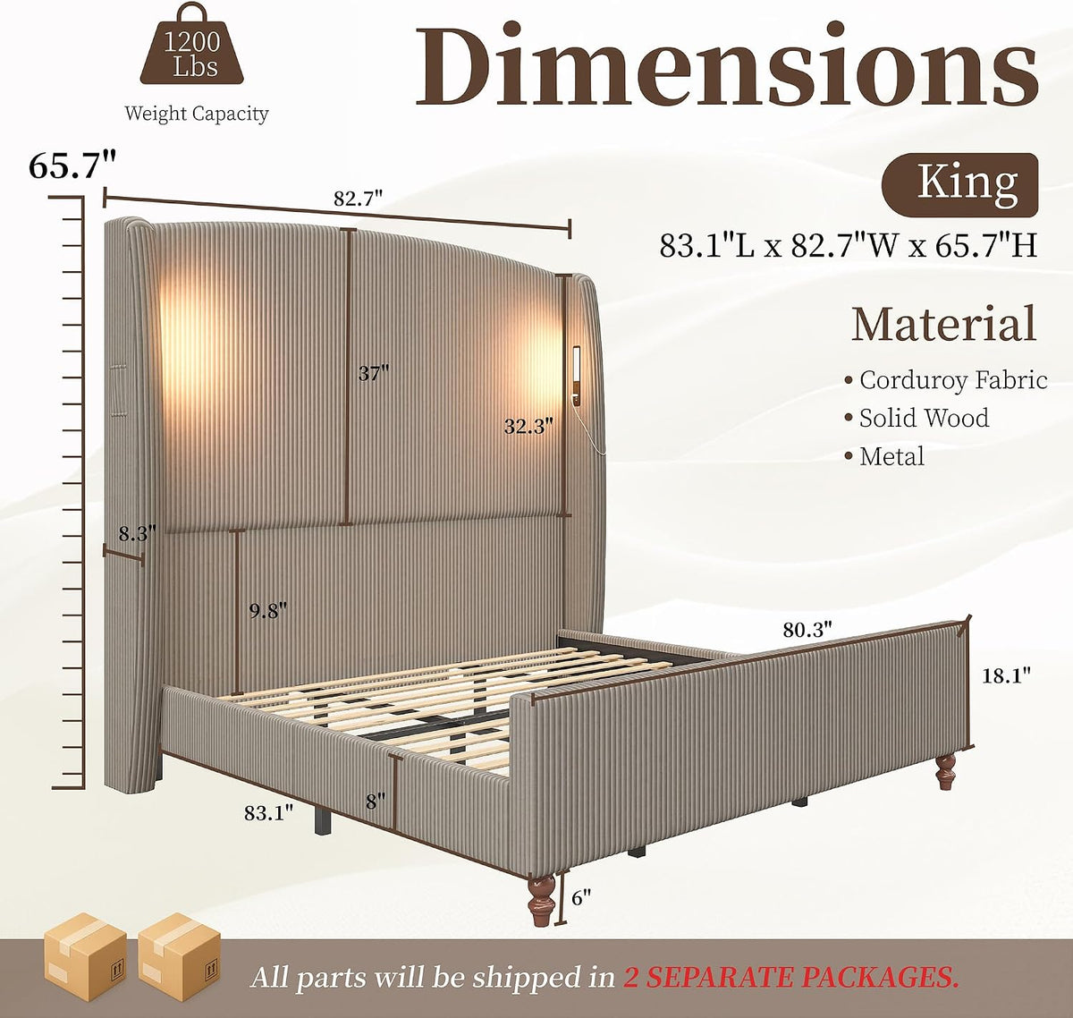 66" extra tall king upholstered wingback bed with, close-up detail