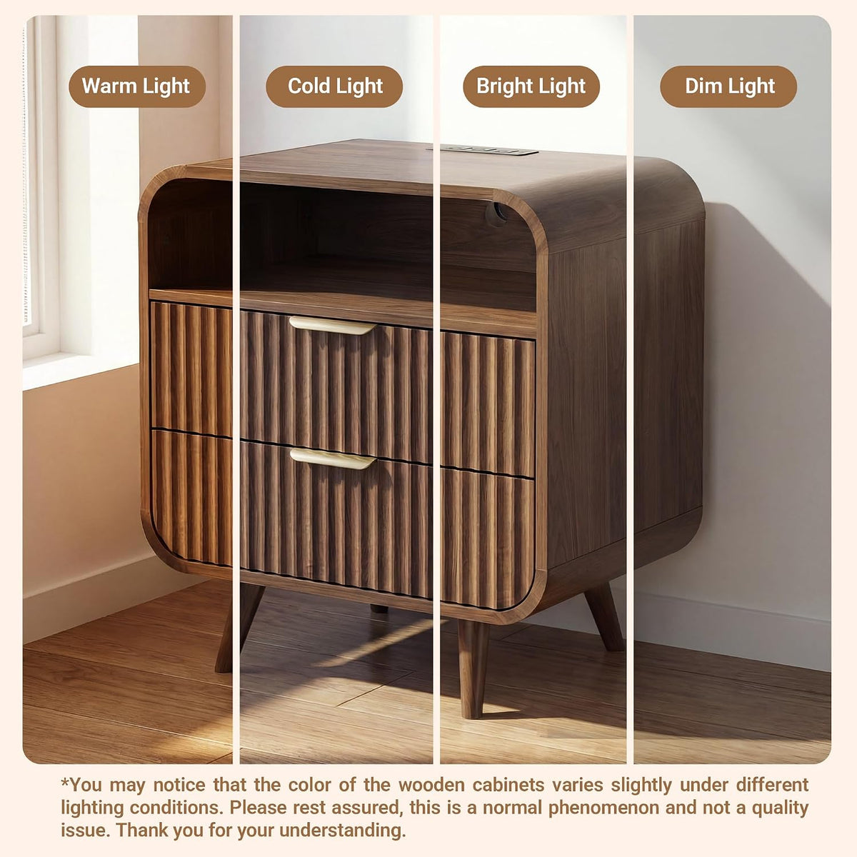 24" curved nightstand with charging station & led on a desk or shelf