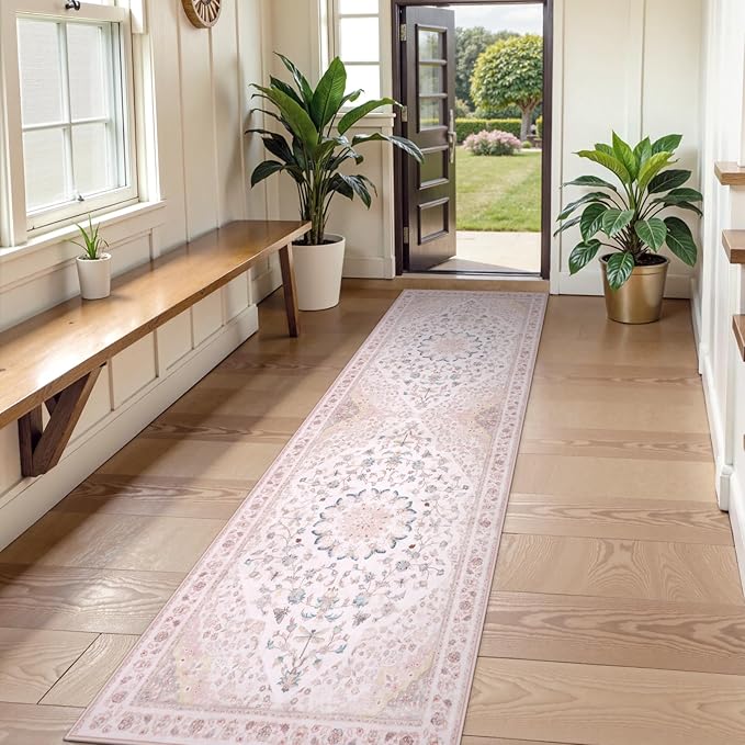 Moynesa Pink Runner Rugs for Long Hallway 2.5x8, Vintage Washable Floral Print - Image 7