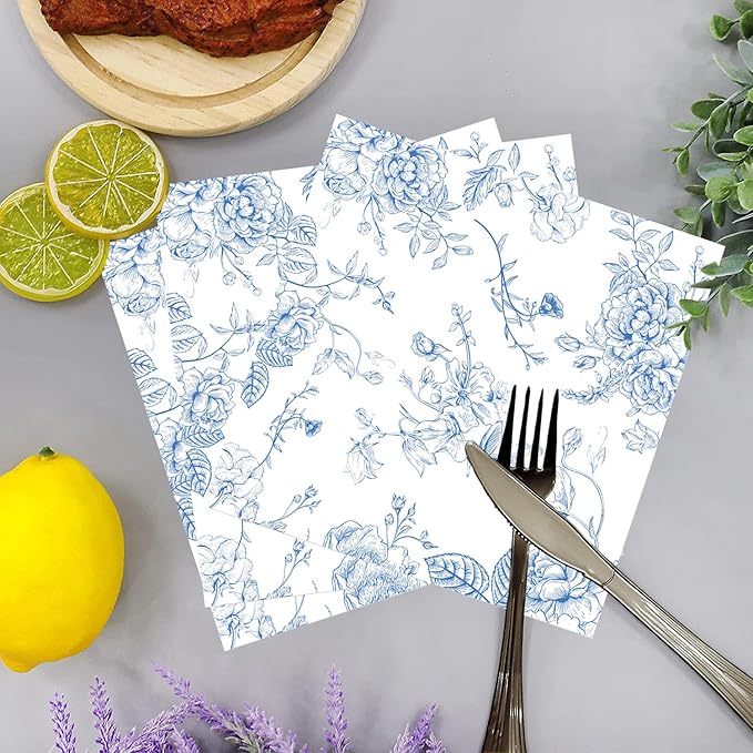 100 Pack Blue Floral Cocktail Napkins Blue and White Floral Toile Paper Napkins - Image 5