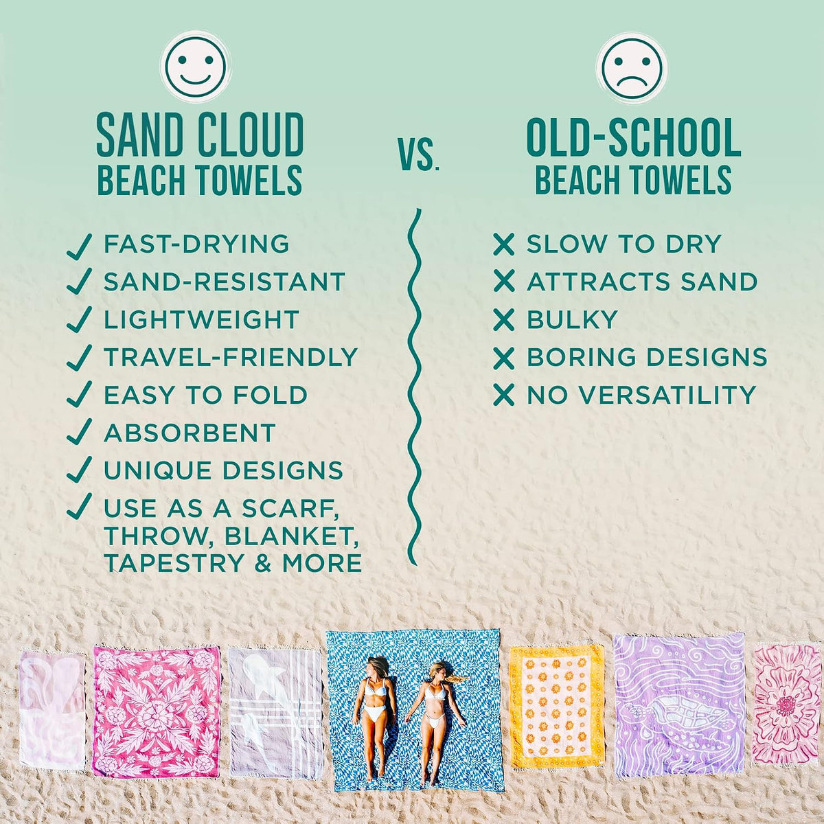 sand cloud turkish beach towel - sand resistant, side view