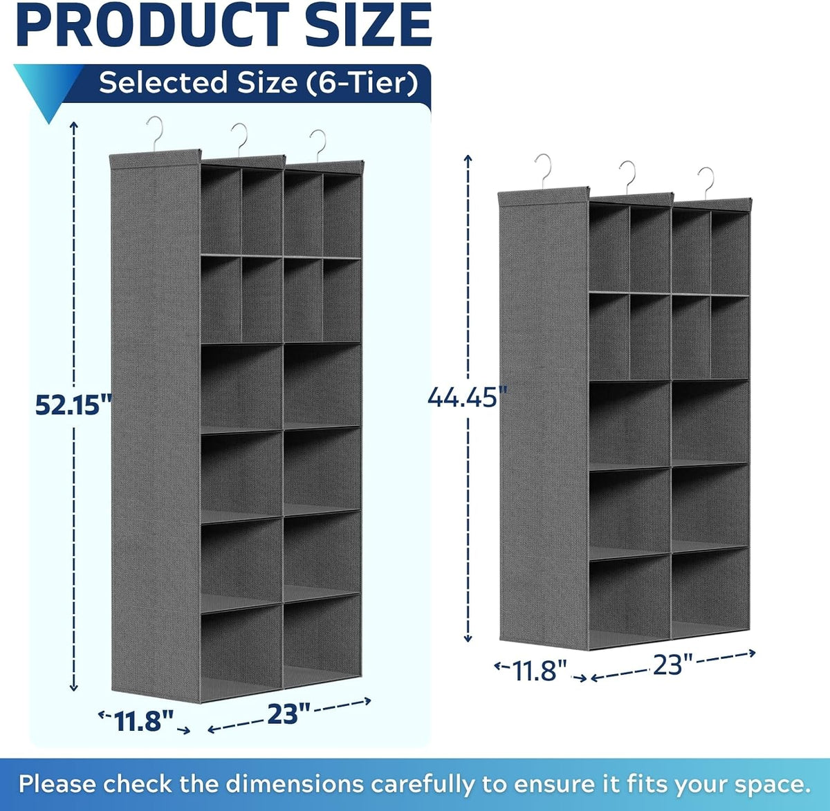 6 tier hanging closet organizer, 16 compartments dual shown in use