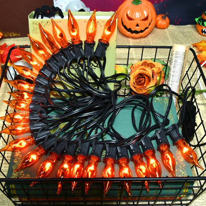 27.8Ft Orange Halloween Lights - Flickering Flame String Lights Orange Flickering String Lights with 25 +4 Pack C18 Flame Light Bulbs for Fall Halloween Decorations Indoor Outdoor Home Party Mantel