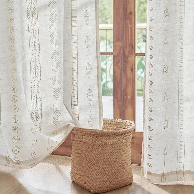 Gold Foil Linen Curtains for Bedroom, 96 Inches Long Moroccan Curtains for - Image 8