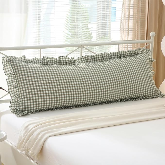 Sage Green White Plaid Gingham Body Pillow Cover by KMASANIJI