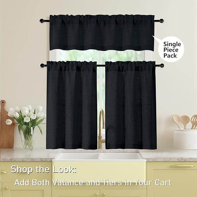 Black Kitchen Curtains 24 Inch Length 2 Panels, Light Filtering Faux Linen - Image 5