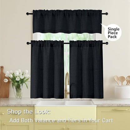 Black Kitchen Curtains 45 Inch Length 2 Panels, Light Filtering Faux Linen - Image 5