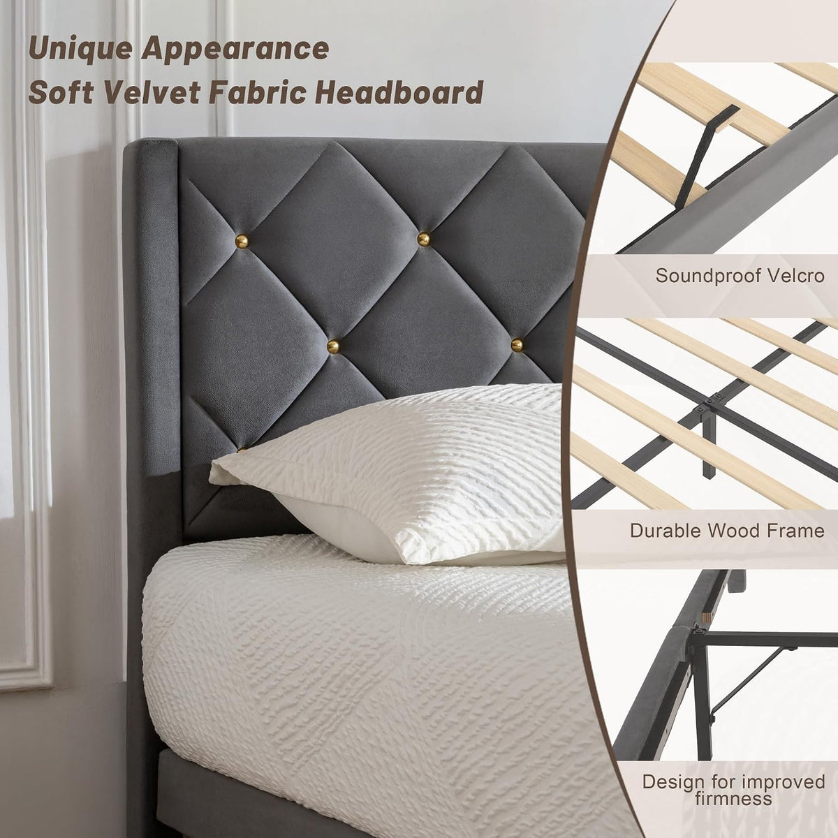 queen size platform bed frame with velvet headboard, package contents