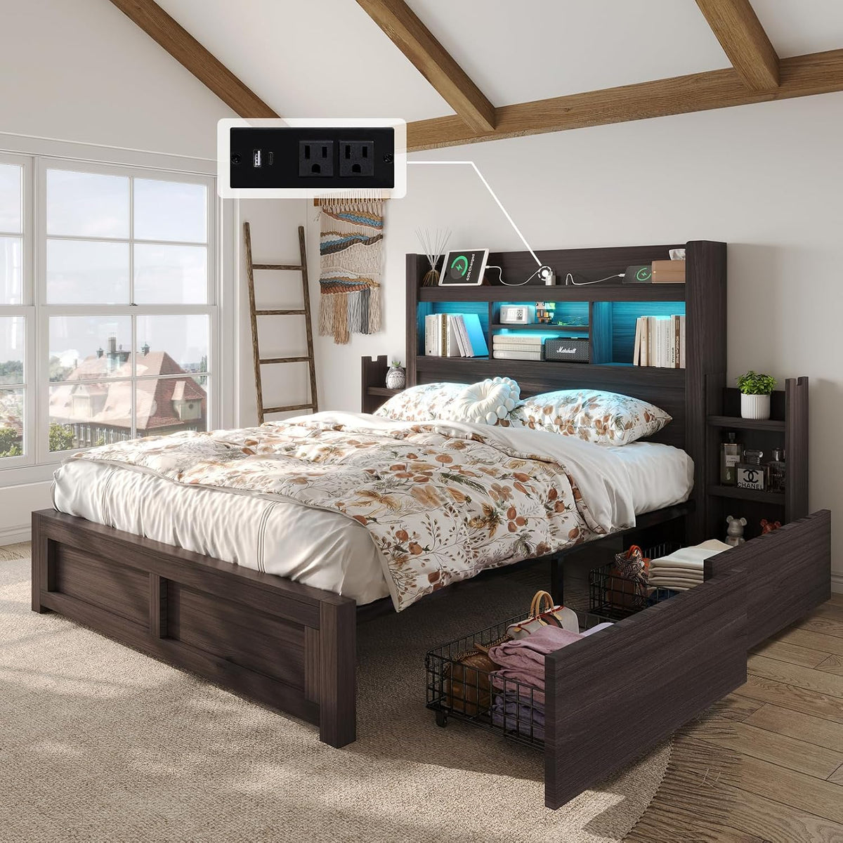 luxoak queen bed frame with bookcase headboard &, close-up detail