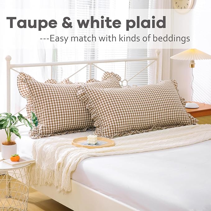 2 Pack Taupe White Plaid Gingham Ruffle Pillow Shams Standard Size, 100% Washed - Image 2